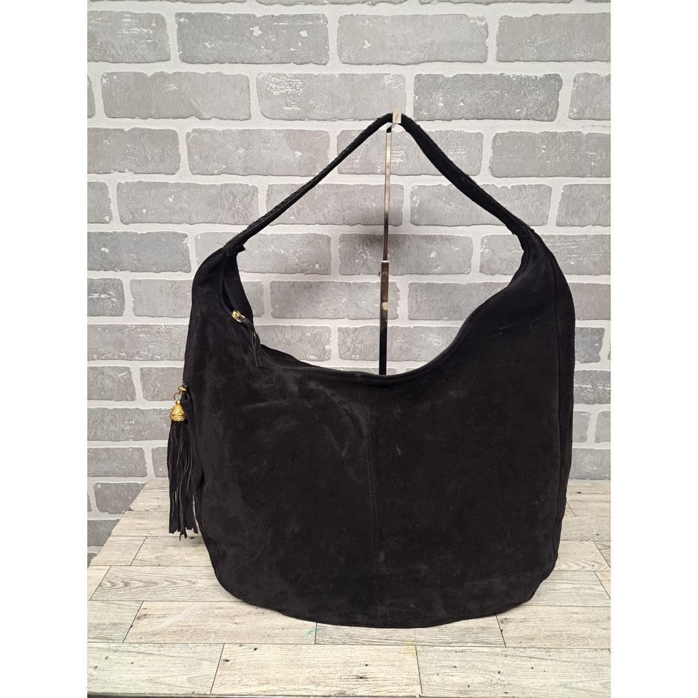 Neiman Marcus Womens Vintge Black Suede Shoulder Genuine Leather Hobo Bag Tassel
